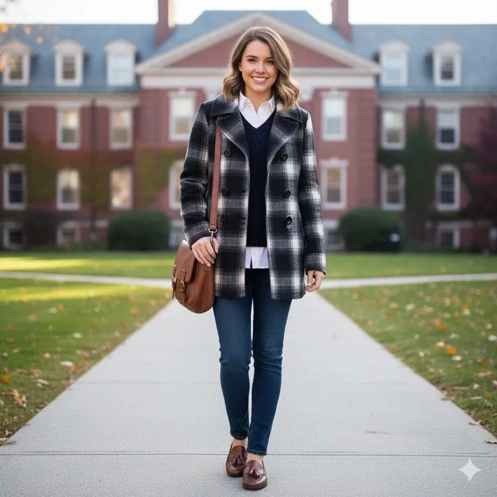 Old Navy XS Plaid Wool Blend Peacoat Black White Check Preppy Winter Warm Casual